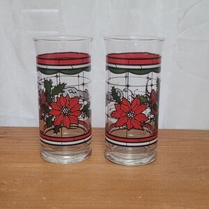 Coca Cola Coke Christmas Poinsettia Glass Tumblers - Set of 2